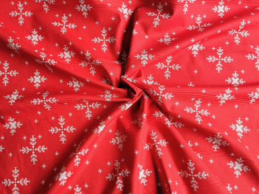 Red Cotton Fabric With White Snowflakes Christmas Fabric, Festive Fabric, Holiday Fabric